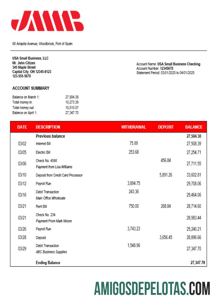 Imprimível Espanha JMMB Extrato de conta corrente modelo Word e PDF